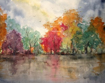 Print of Original Watercolor landscape painting, fall print, watercolor art, watercolor print, autumn painting, autumn landscape, fall trees