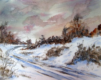 Original Winter Watercolor Landscape, winter snow scene, watercolor art, landscape painting, winter painting, winter landscape, snowfall