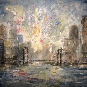 Fireworks, archival print, watercolor landscape, cityscape, New Years Eve painting, July 4th painting, city fireworks, bridge watercolor