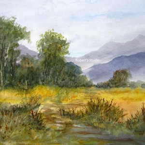 Watercolor Painting, archival print, watercolor landscape painting, mountain view, country landscape, grassy field, nature art, scenic view.