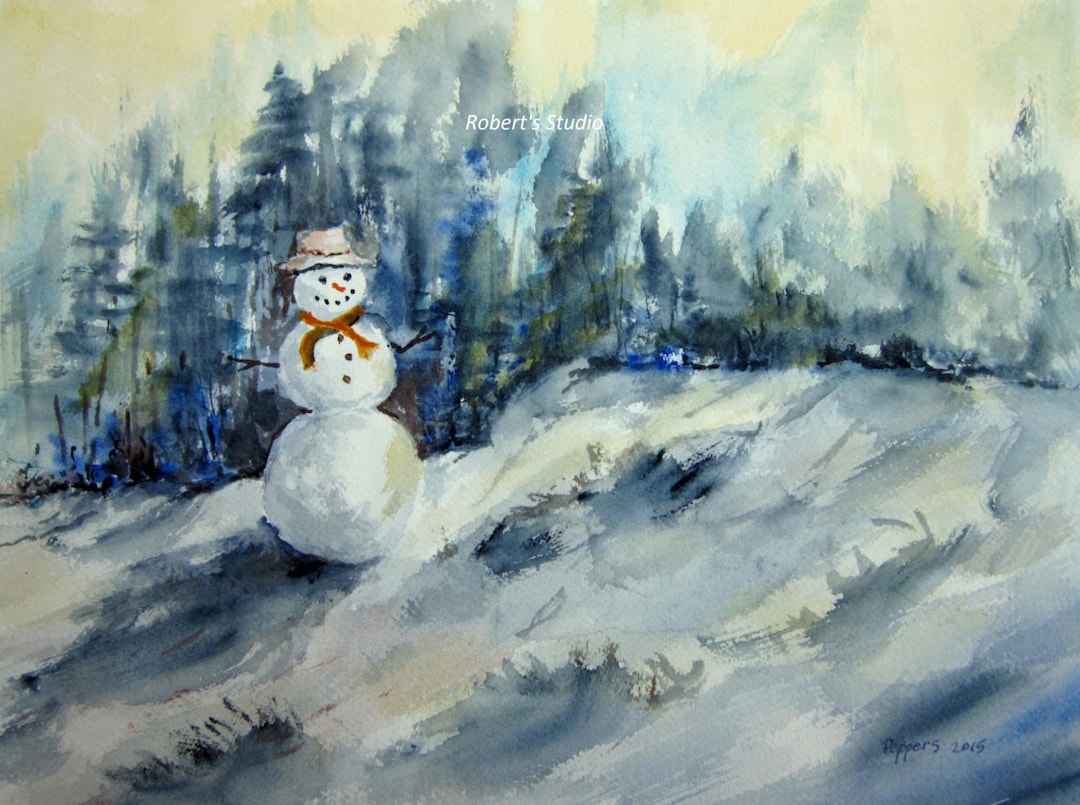Snowman Archival Print, Watercolor Landscape, Watercolor Art, Winter Snow Painting, Snowy