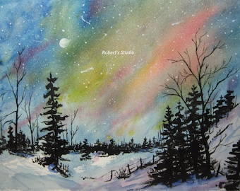 Winter Landscape archival print, Northern Lights watercolor painting, night sky painting, winter landscape painting, nature scenic print.