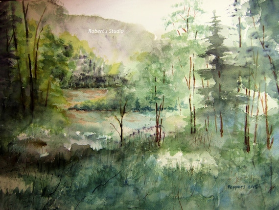 Watercolor Landscape Painting Archival Print, scenic nature painting, lake  painting summer country landscape, woodland lake landscape
