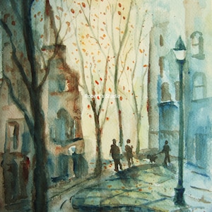 The Walk, Print Of Original Watercolor Painting city street scene city landscape archival print.