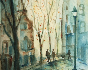 The Walk, Print Of Original Watercolor Painting city street scene city landscape archival print.