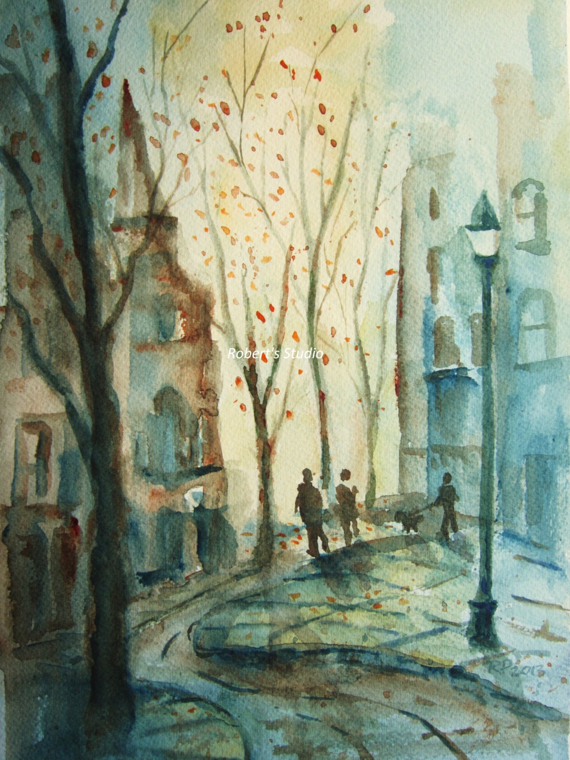 The Walk, Print of Original Watercolor Painting City Street