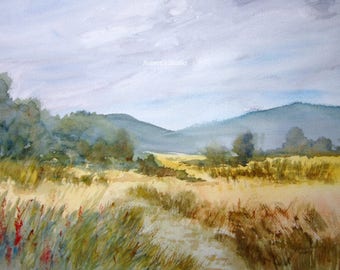 Watercolor Landscape Painting, archival print, watercolor painting, mountain view, country landscape, grassy field, nature art, scenic view.