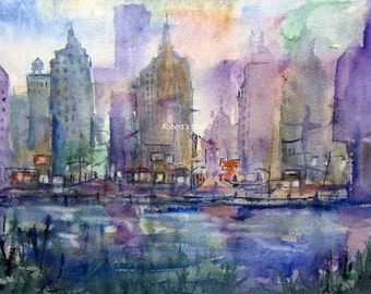 Print Of Original Watercolor City Painting, watercolor art, watercolor print, watercolor landscape, city streets, city buildings, city art.