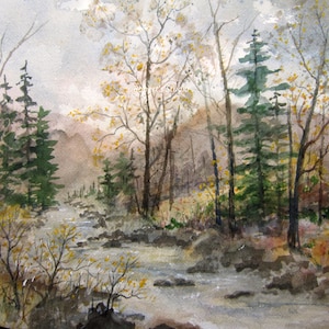Watercolor Landscape Painting Print, autumn landscape painting, archival print, fall painting, woodland river scene, country landscape.