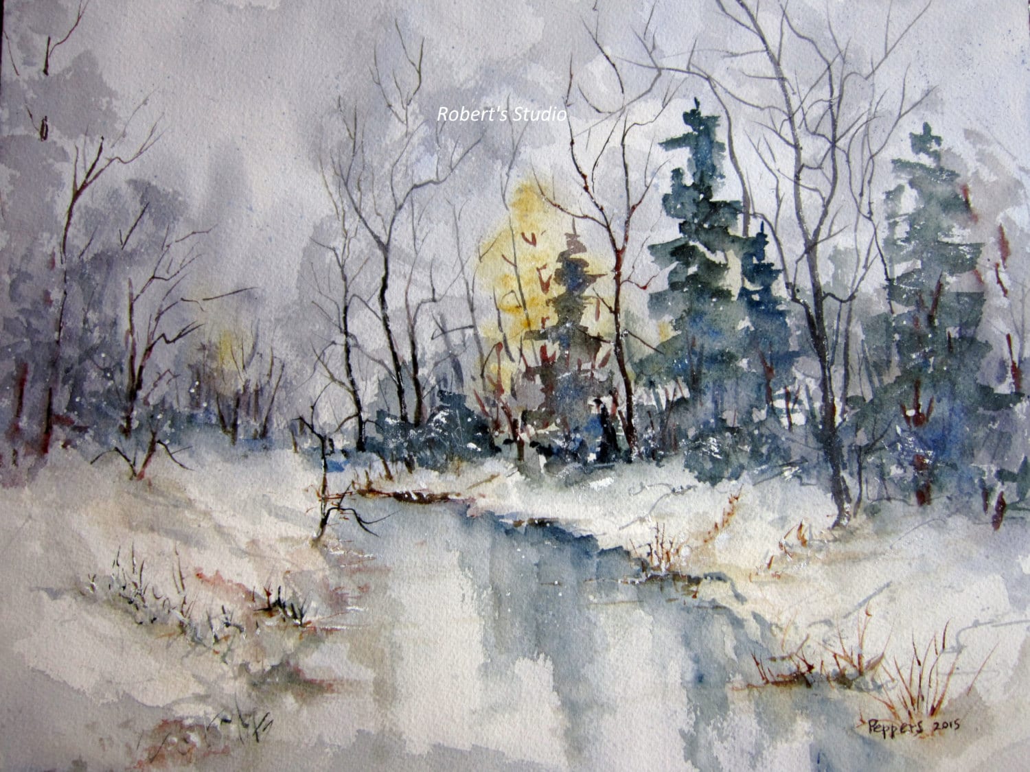 Snowy Winter Landscape Archival Print watercolor painting | Etsy