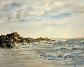 Seascape, Print Of Original Watercolor, seascape painting, landscape watercolor, coastline painting, ocean art, shoreline watercolor.