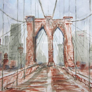 Brooklyn Bridge art, watercolor print, watercolor art cityscape painting, bridge art New York City archival print wall decor.