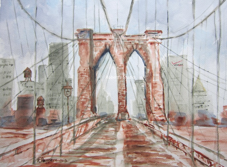 May include: A watercolor painting of the Brooklyn Bridge in New York City. The bridge is painted in shades of brown and gray, with the city skyline in the background. The painting is signed "R. Peppers 2018" in the lower right corner.