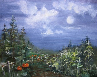 Harvest Moon, Print Of Original Acrylic Painting, landscape painting, fall painting, autumn landscape, farm painting, farm landscape