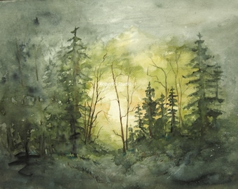 Watercolor Landscape Painting Archival Print, forest painting, watercolor forest, watercolor art, woodland painting, landscape art tree art.
