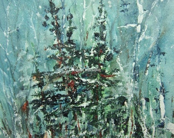 Winter Snowfall, Print of Original Watercolor and Acrylic Painting, watercolor art, tree art, winter landscape painting, nature painting.