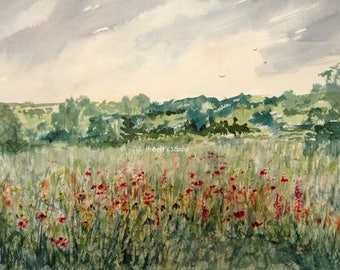 Watercolor painting, archival print, landscape painting, meadow wildflowers, nature painting, country meadow, summer wildflower field