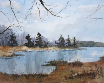 Watercolor Landscape Painting Archival Print, scenic nature painting, lake painting, summer country landscape, woodland lake landscape