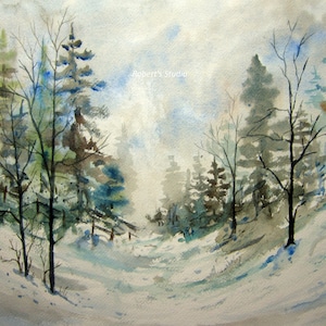 Winter Landscape, watercolor landscape, archival print, winter painting, winter trees, scenic painting, woodland snow scene, watercolor art