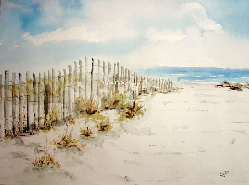May include: A watercolor painting of a wooden fence along a sandy beach. The fence is partially obscured by tall grasses and the sand is white. The ocean is visible in the background.