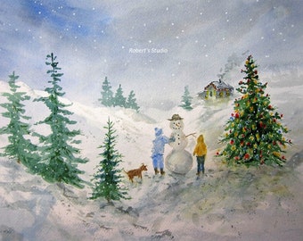 Watercolor landscape painting, archival print, winter painting, snowman painting, Christmas painting, winter landscape, Christmas tree