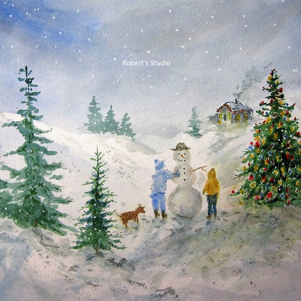 Watercolor landscape painting, archival print, winter painting, snowman painting, Christmas painting, winter landscape, Christmas tree