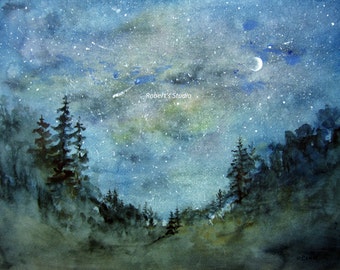 Fine Art Print of original watercolor painting, watercolor landscape, forest painting, woodland painting, night sky watercolor.