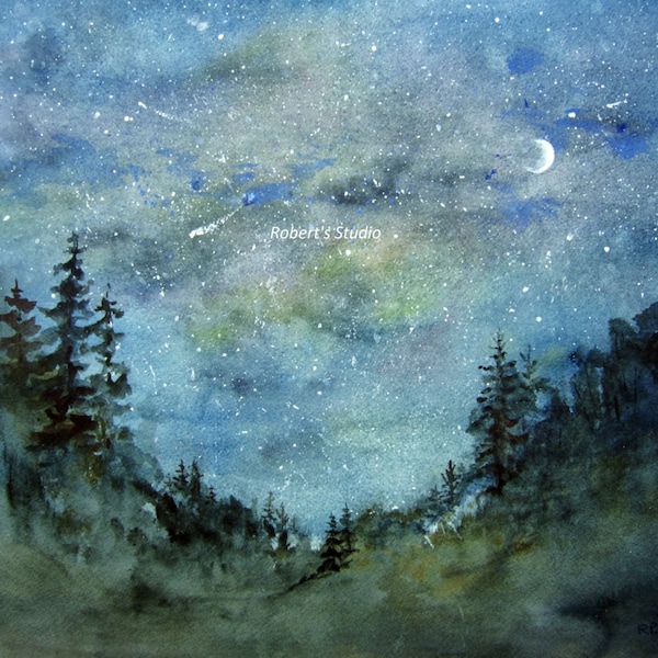 Fine Art Print of original watercolor painting, watercolor landscape, forest painting, woodland painting, night sky watercolor.