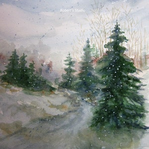 Winter Print of Original Watercolor Landscape Painting, winter painting, winter landscape, snow painting, winter snow, evergreens, snowfall.