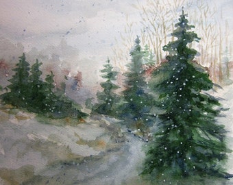 Winter Print of Original Watercolor Landscape Painting, winter painting, winter landscape, snow painting, winter snow, evergreens, snowfall.