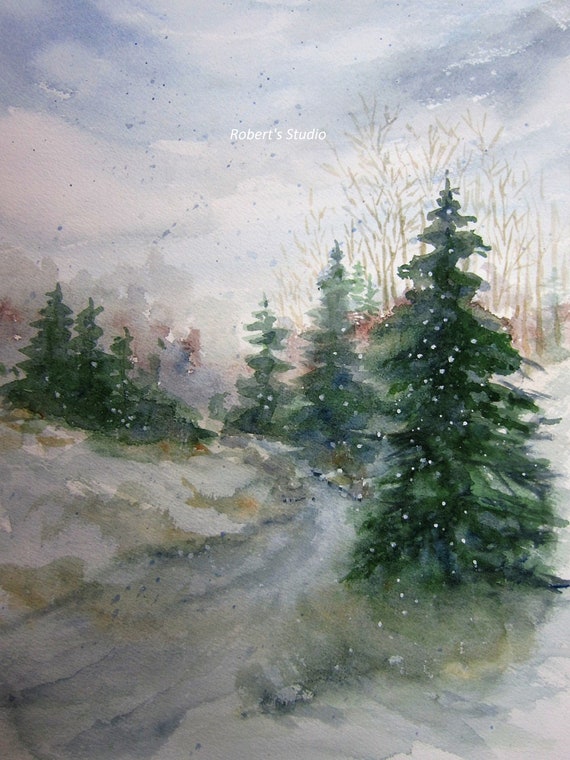 Winter Print of Original Watercolor Landscape Painting, winter painting, winter landscape, snow painting, winter snow, evergreens, snowfall.