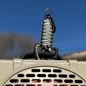 May include: A close-up of a pet carrier with a woven handle. The handle is made of black and white cord, attached to a metal ring. The carrier is beige with black vent holes, set against a blue sky.
