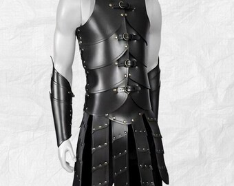 Czarna skórzana zbroja dla mężczyzn, kostium średniowiecznego wojownika do cosplayu, napierśnik rycerski, sprzęt LARP