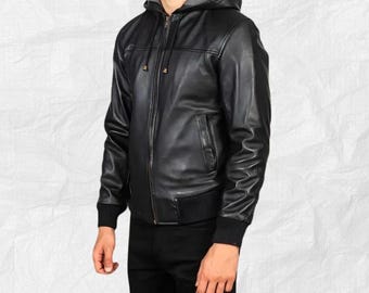 Handmade Black Leather Hooded Motorcycle Jacket - Detachable Hood Biker Jacket