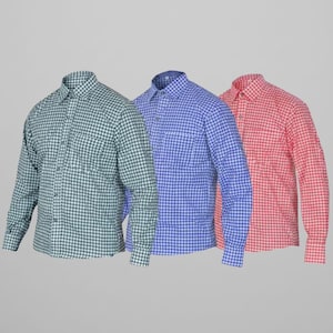 Può includere: Tre camicie a maniche lunghe con motivo a quadri vichy verdi, blu e rossi. Ogni camicia ha un colletto button-down e una tasca sul petto. Le camicie sono presentate su uno sfondo neutro.