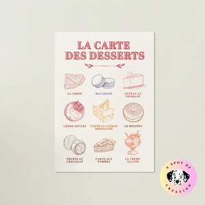 以下が含まれることがあります： 「LA CARTE DES DESSERTS」の赤い文字が入ったデザートメニューのプリント。クレープ、マカロン、ケーキ、クレームブリュレ、レモンメレンゲタルト、ドーナツ、チョコレートトリュフ、アップルタルト、アイスクリームなど、さまざまなデザートのイラストが特徴です。