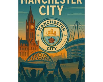 Manchester City Etihad Stadium Vintage Travel Poster | Cityzens Football Art Print | Premier League Soccer Wall Decor | Man City Gift