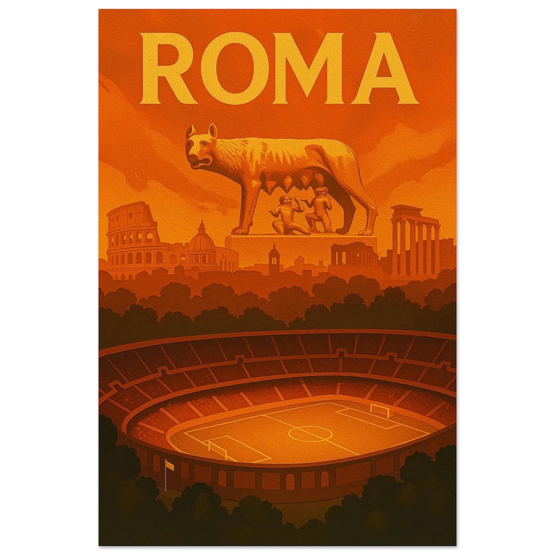 AS Roma Stadium Poster – Capitoline Wolf & Rome Landmarks Vintage Print ...
