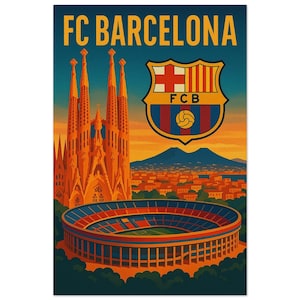 FC Barcelona Vintage Art Print – Camp Nou, Sagrada Família & Club Crest – Retro Football Poster for Barça Fans