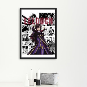 May include: Framed anime art print with a character in a purple and black outfit. The artwork is in a manga style with black and white panels and red text. The print is displayed on a white wall.