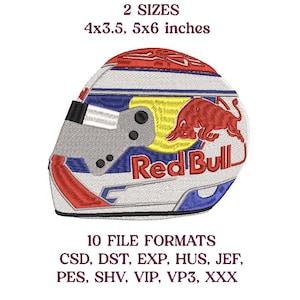 Op de afbeelding: Geborduurd ontwerp van een racehelm, met het Red Bull-logo en een rode stierafbeelding. De helm is wit, rood, blauw en grijs. Het ontwerp is verkrijgbaar in twee maten: 10,16 x 8,89 cm en 12,7 x 15,24 cm. Het ontwerp is beschikbaar in 10 bestandsformaten.