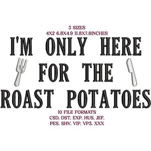 May include: White background with the text "I'M ONLY HERE FOR THE ROAST POTATOES" in black. Includes a fork and knife graphic. The image also lists three sizes: 4x2 inches, 6.8x4.9 inches, and 11.8x7.8 inches.