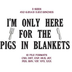 May include: White background with the text "I'M ONLY HERE FOR THE PIGS IN BLANKETS" in black. Includes a fork and knife graphic. The image also states "3 SIZES" with measurements of 4x2, 6.8x4.9, and 11.8x7.8 inches.
