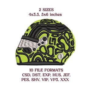 Könnte beinhalten: Ein gesticktes Rennhelm-Design in Neongrün und Schwarz. Der Helm hat ein schwarzes Visier und ein schwarzes abstraktes Muster. Der Text "2 GRÖSSEN 10,16x8,89, 12,7x15,24 cm" und "10 DATEIFORMATE" ist enthalten.