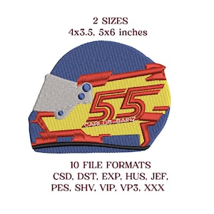 Puede incluir: Diseño bordado de un casco de carreras en azul, amarillo y rojo, con el número 55 y el nombre "CARLOS SAINZ". Disponible en dos tamaños: 10,16 x 8,89 cm y 15,24 x 12,7 cm. Incluye 10 formatos de archivo.