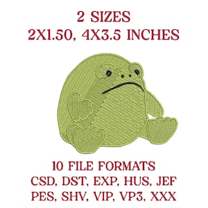 Op de afbeelding: Een groen geborduurd kikkerontwerp met een verdrietige uitdrukking. De afbeelding bevat de tekst "2 MATEN 2X1.50, 4X3.5 INCHES" en "10 BESTANDSFORMATEN CSD, DST, EXP, HUS, JEF PES, SHV, VIP, VP3, XXX". De maten zijn ongeveer 5.08cm x 3.81cm en 10.16cm x 8.89cm.