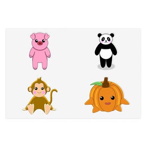May include: Four cartoon stickers on a white background. The stickers include a pink pig, a black and white panda, a brown monkey, and an orange pumpkin with a green leaf.