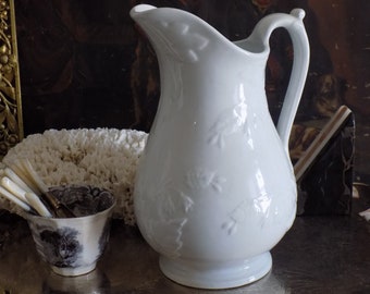 Antique English White Ironstone Pitcher. Traditional. Cottage.