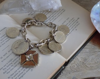 Vintage Coin Charm Bracelet Gold Tone. Mid Century Jewelry.