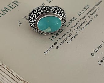 Vintage Stauer Turquoise Ring Sterling Silver Filigree. South Pacific. Women’s Ring size 5.